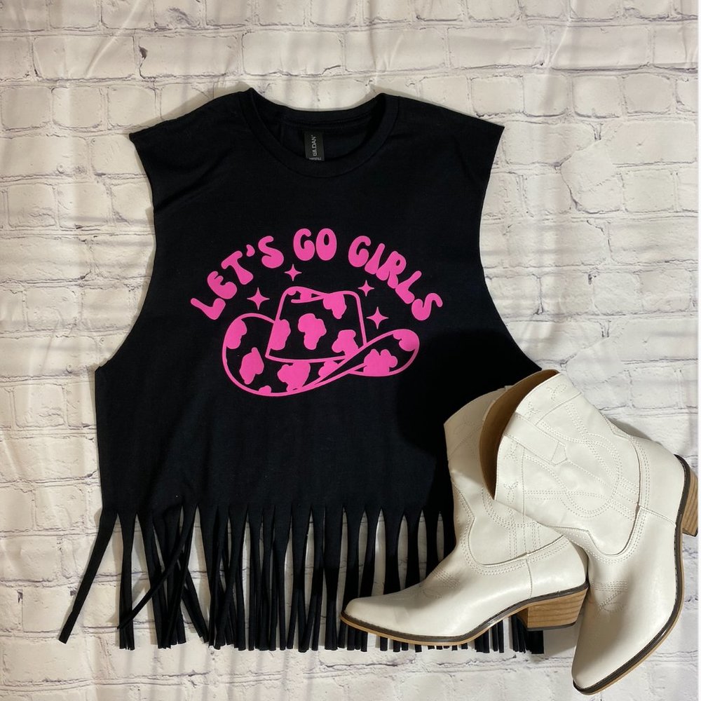 Black Fringe Tank Top with Pink Graphic
